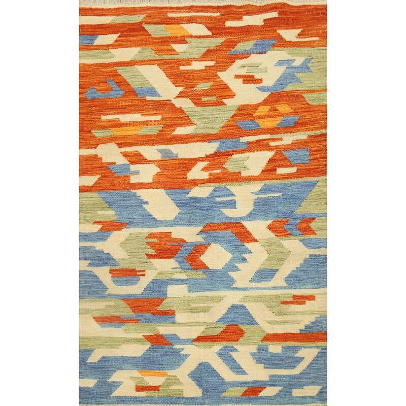Hand Woven Oriental 100% Wool Carpet Southwestern Modern Multi-Colored Kilim Area Rug - 5' 1'' X 3' 5''