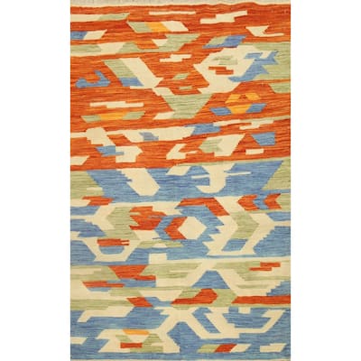 Hand Woven Oriental 100% Wool Carpet Southwestern Modern Multi-Colored Kilim Area Rug - 5' 1'' X 3' 5''