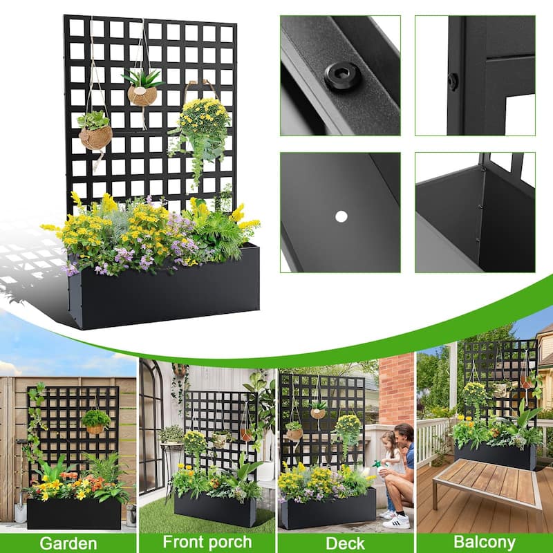 Metal Planter Box with Trellis, Raised Garden Bed with Trellis, Outdoor Garden Box with Privacy Screen & Drainage Holes