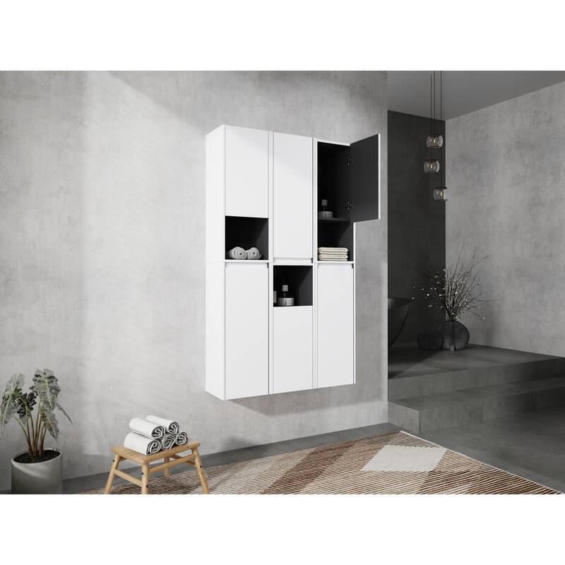 Modern Wall-Mounted Bathroom Side Cabinet with Soft-Close Doors, Floating Design, 6 Storage Compartments, 12-Inch Width