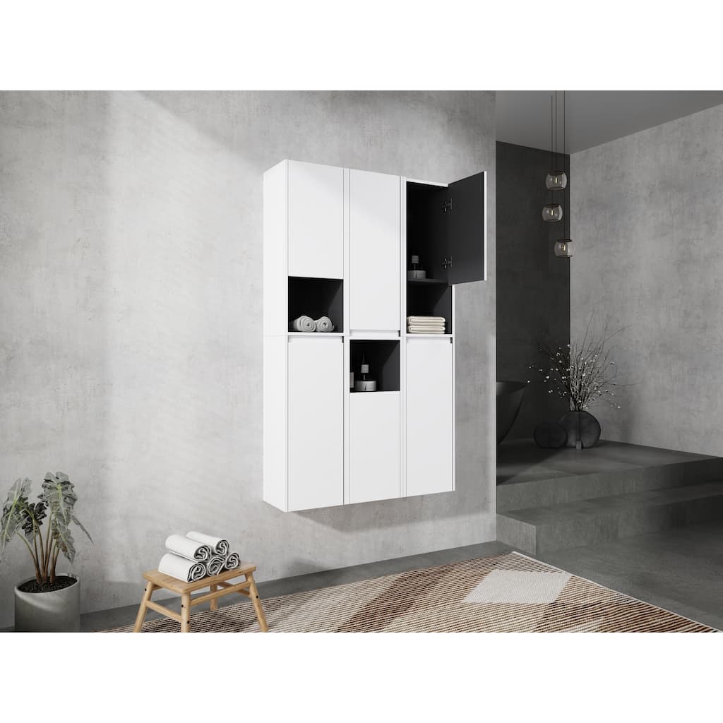 Modern Wall-Mounted Bathroom Side Cabinet with Soft-Close Doors, Floating Design, 6 Storage Compartments, 12-Inch Width