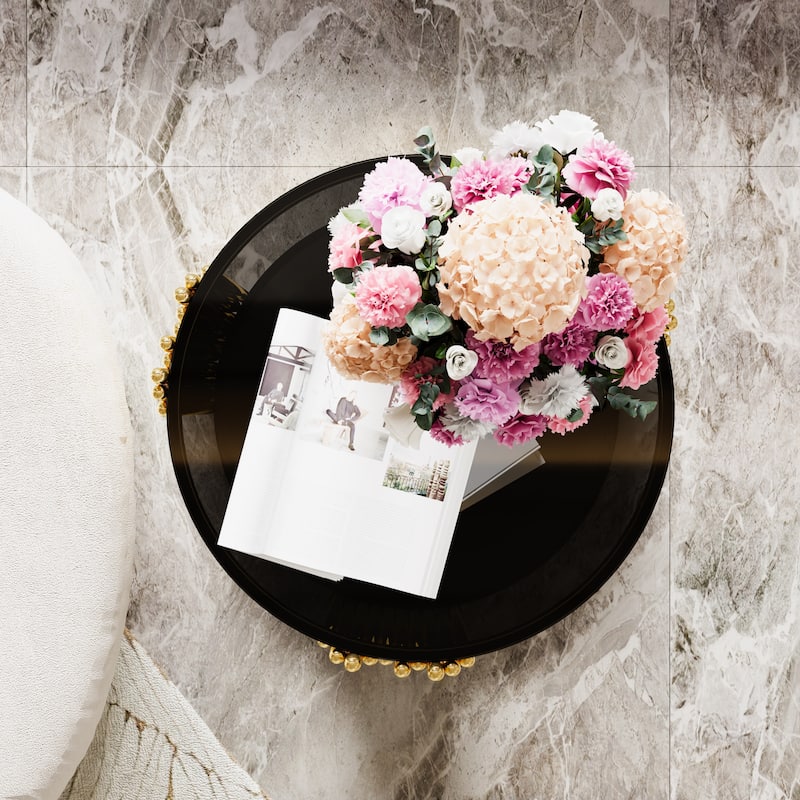 19.8" Modern Transparent Glass End Table for Living Room, Round, Asymmetrical Metal, Gold Finish & Lower Shelf