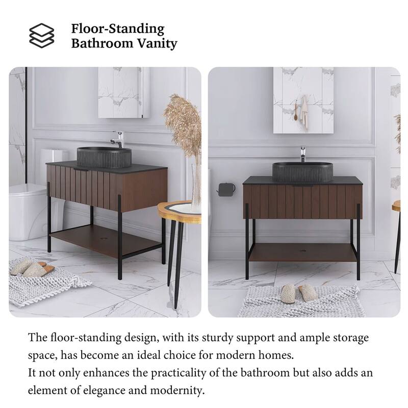 36" Freestanding Bathroom Vanity with Black Ceramic Basin and Open Shelf - 35.83'' x 18.9'' x 33.46''