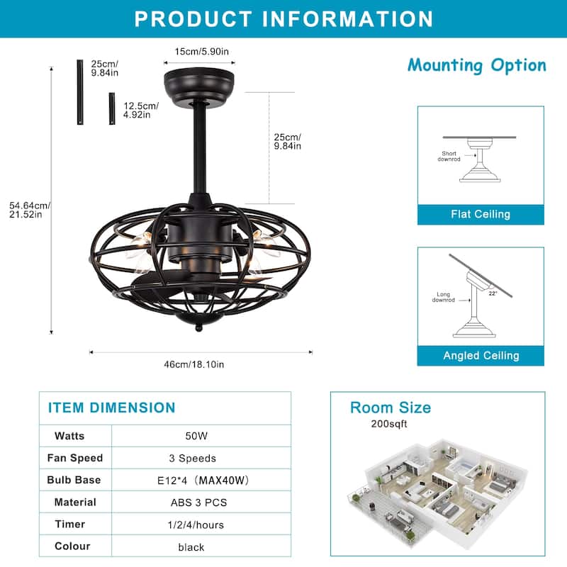 Cusp Barn Modern Enclosed Caged Ceiling Fan with Remote Control, Farmhouse Bladeless Rust Industrial Light Fixture for Bedroom