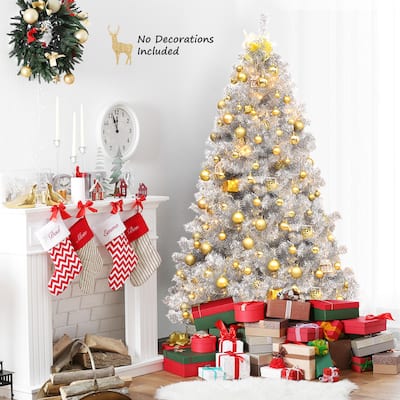 Gymax 6 FT Silver Tinsel Christmas Tree Artificial Hinged Tree Holiday - See Details