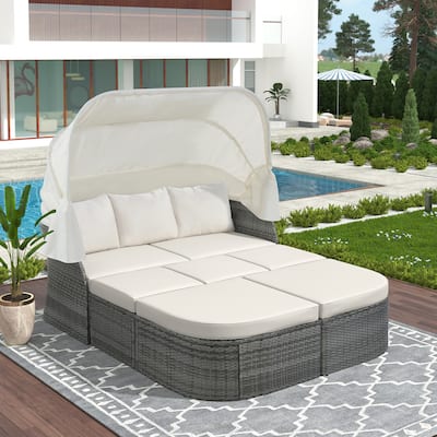 Outdoor Patio Daybed with Retractable Canopy,Wicker Furniture Conversation Set