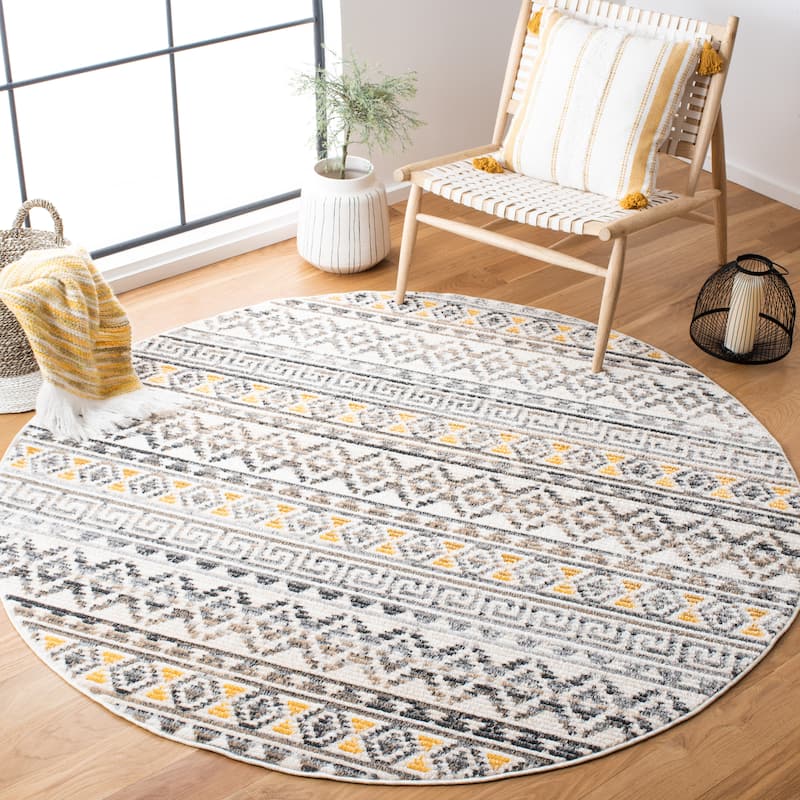 SAFAVIEH Sedona Elmire Boho Tribal Fringe Rug - 6' Round - Ivory/Charcoal