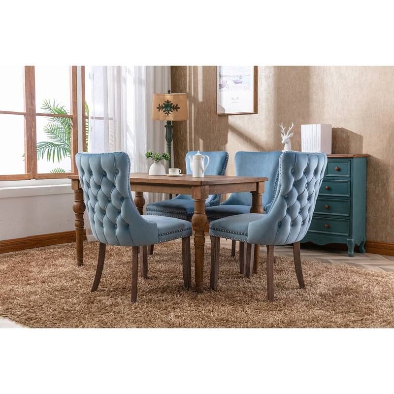 Velvet Upholstered Dining Chair Set of 2, Wing-Back Kitchen Chairs with Backstitching Nailhead Trim and Solid Wood Legs