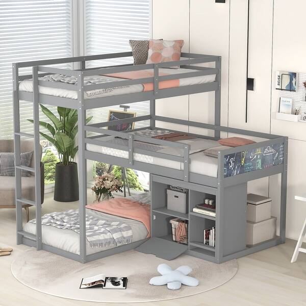 slide 2 of 6, Wood L-Shaped Triple Twin Bunk Bed with Storage Cabinet