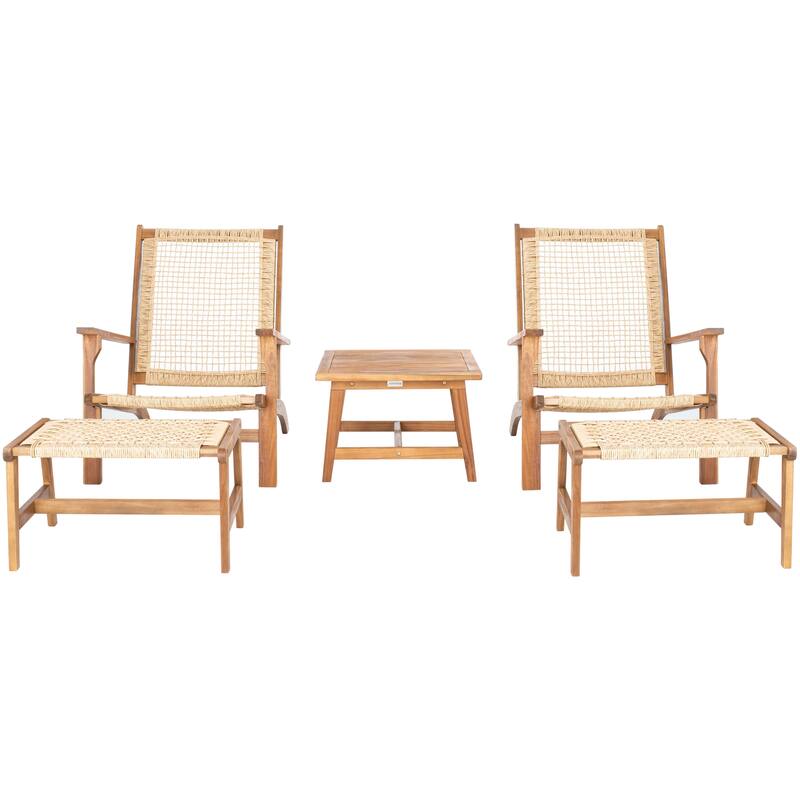 SAFAVIEH Chantelle Outdoor Solid Wood Chaise Lounge Chair and Stool Set of 2 (Includes End Table) - Natural/Light Brown