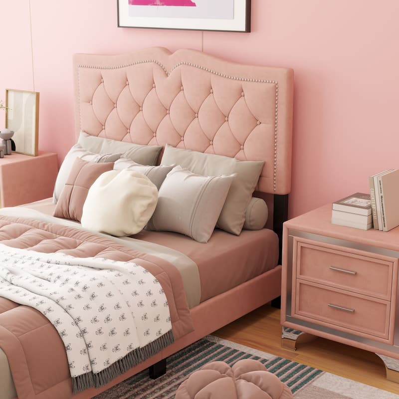 Upholstered bed frame with rivet design