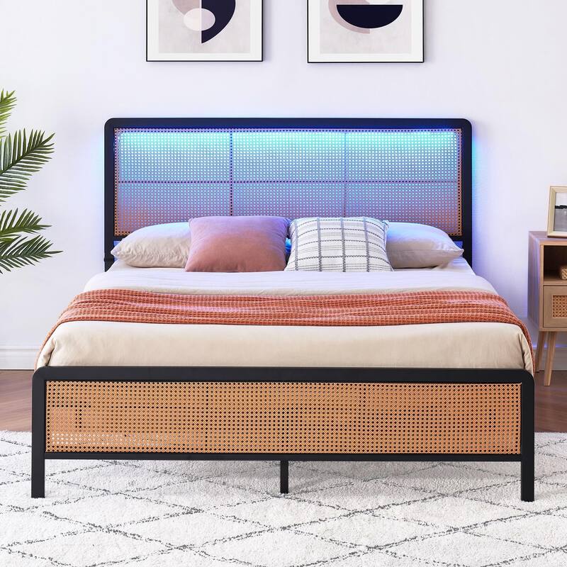 Rattan Bed Frame with Headboard LED Lights and Footboard