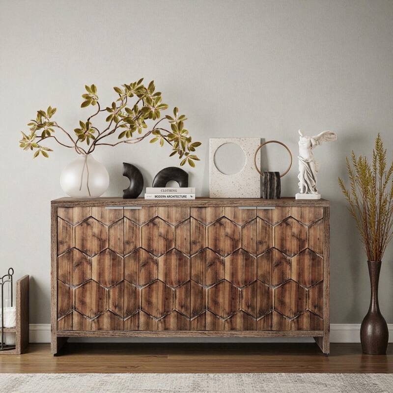 Farmhouse 4-Door Wooden Sideboard Buffet Cabinet with Adjustable Shelves, Brown Storage Cabinet for Dining Room - Natural Wood Brown
