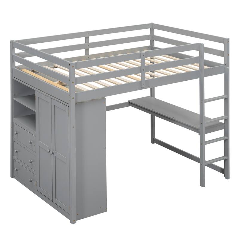 Full Size Solid Wood Loft Bed with Built-in Wardrobe, Desk, Storage Shelves and Drawers