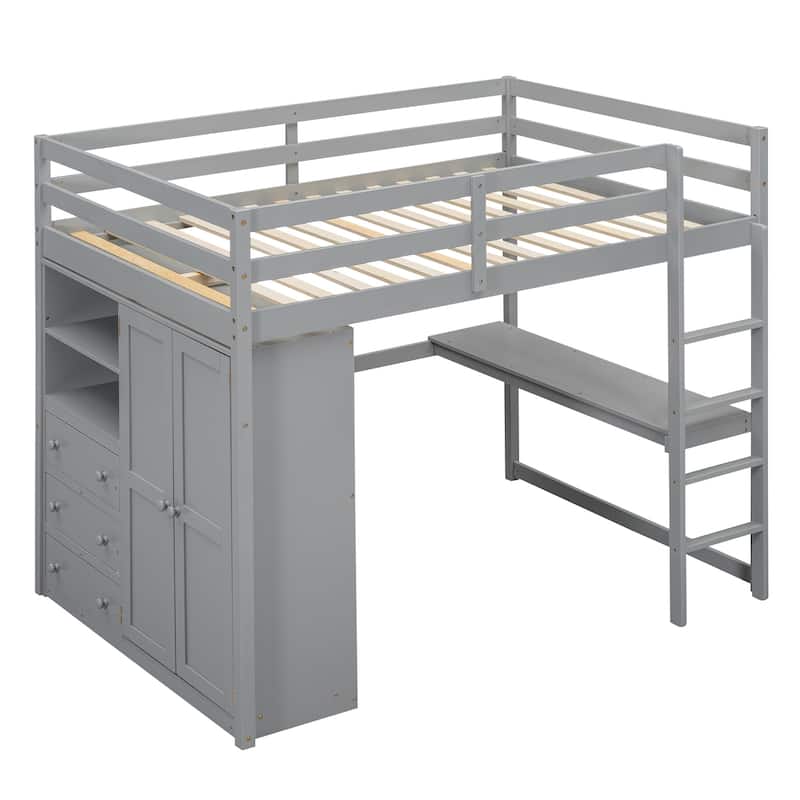 Wood Full Size Loft Bed w/Built-in Wardrobe, Desk, Storage Shelves