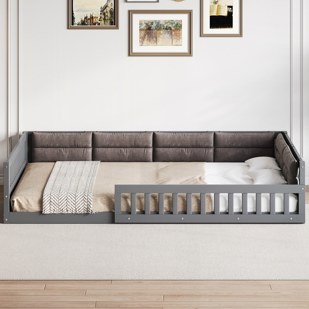Wood Full Size Upholstered Platform Bed with Guardrail and Pillow