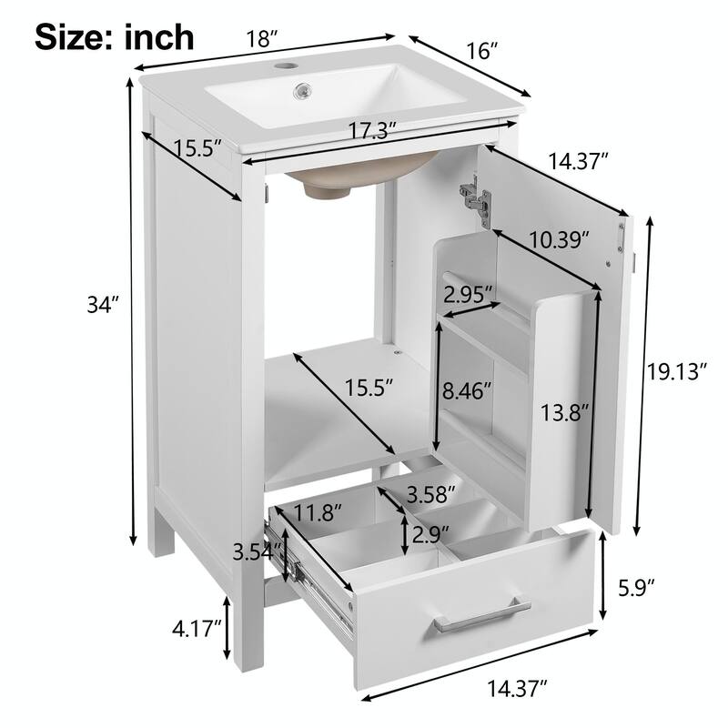 Modern Bathroom Vanity with Ceramic Sink - Soft-Close Drawers, Door Organizer, Divider Drawer