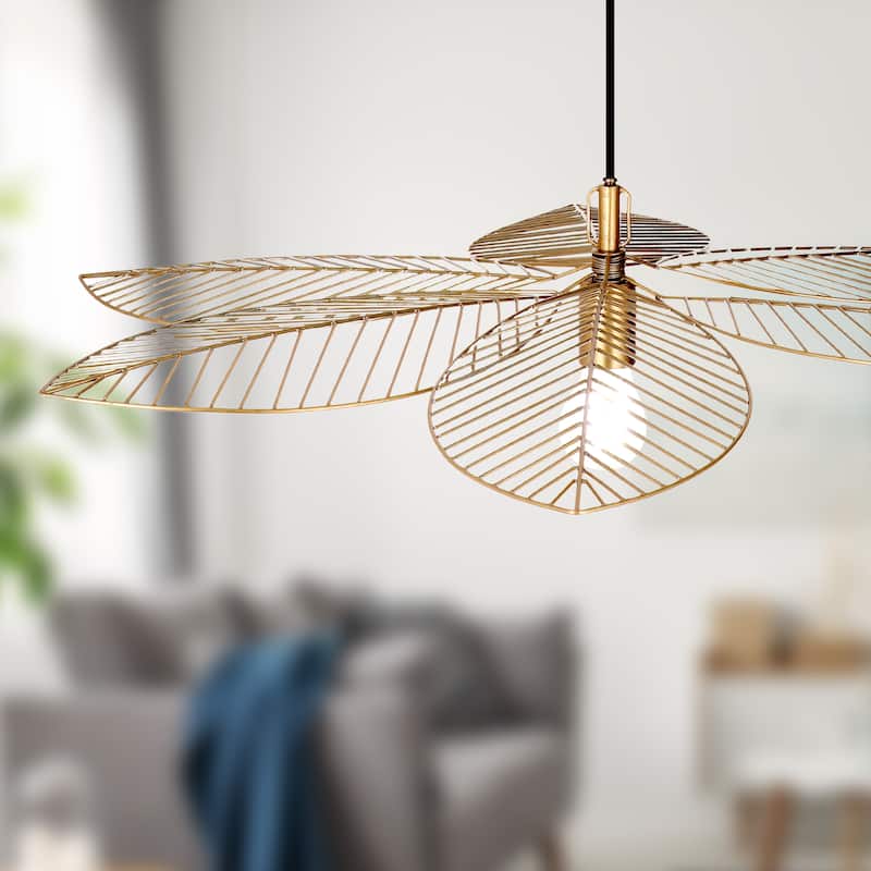 Soren River of Goods Antique Brass Metal Cutout Leaf-Shaped Pendant Light with Adjustable Hanging Cord - 35" x 35" x 7.25/66.25"
