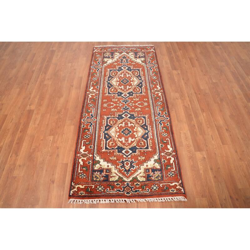 Hand Knotted Oriental 100% Wool Carpet Traditional Geometric Oranges & Rust Heriz (serapi) Area Rug - 6' 0'' X 2' 8''