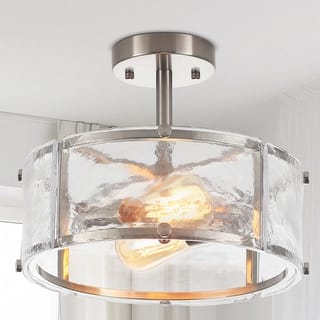 Starsky 2-Light 13in. Modern Caged Drum Semi Flush Mount with Textured Glass Shade