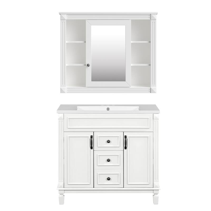 GDFStudio - Marwood Modern Bathroom Vanity Set with Ceramic Sink and Mirror Cabinet with 2 Soft Closing Doors & Drawers - 35.9'W