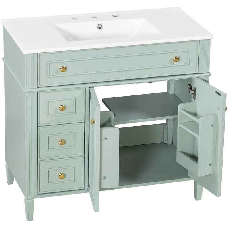 Modern 36 Inch Bathroom Vanity with Ceramic Sink, Solid Wood Frame Bathroom Storage Cabinet with Drawers and Gold Handles
