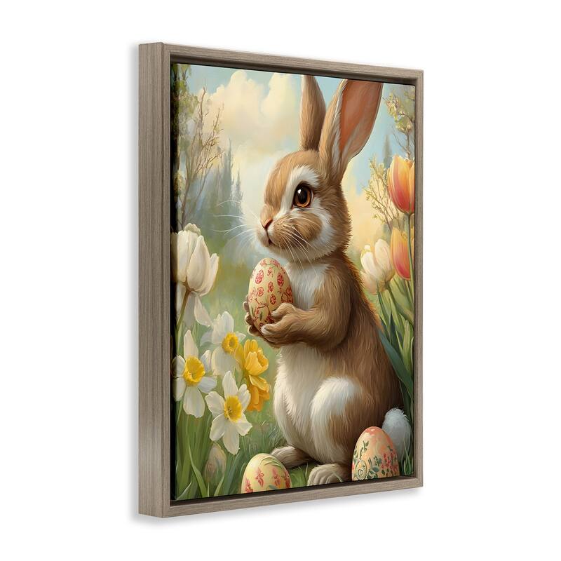 Stupell Easter Bunny with Painted Eggs Framed Floater Canvas Wall Art Design By Franklyn Gregory