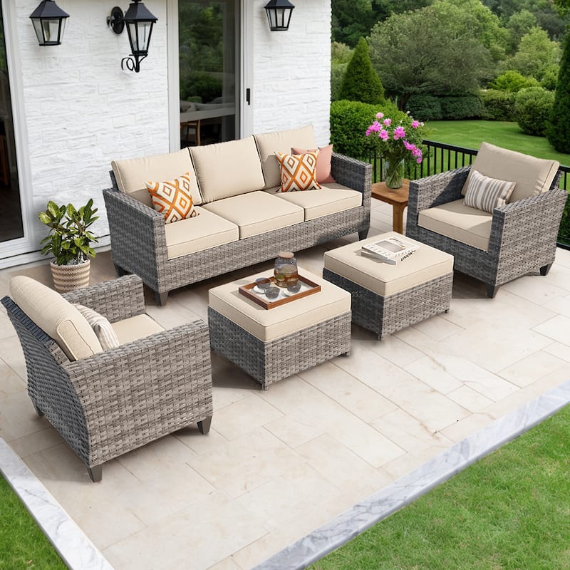 OVIOS 5-Piece Outdoor Wicker Patio Conversation Set - Beige