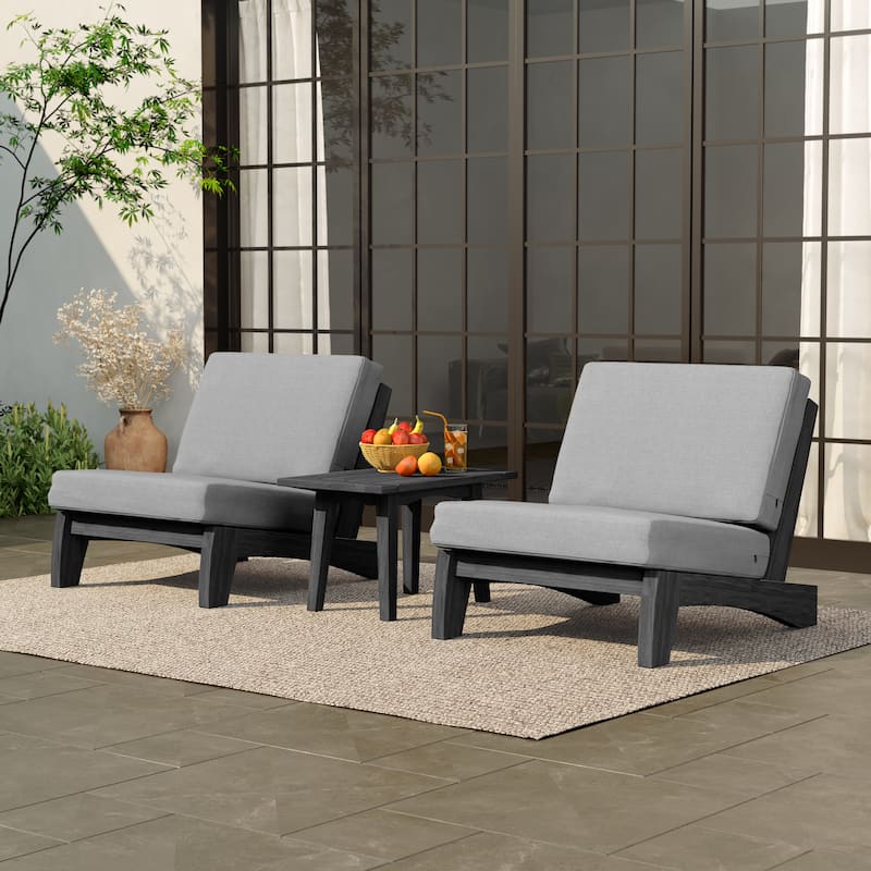 3-Piece Outdoor Patio Wood 2 Set Chairs with Side Table - Grey-Dark Wood