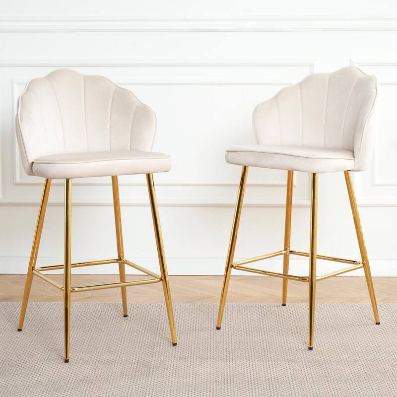 Set of 2 Velvet Shell Bar Chairs with Gold-Plated Metal Legs