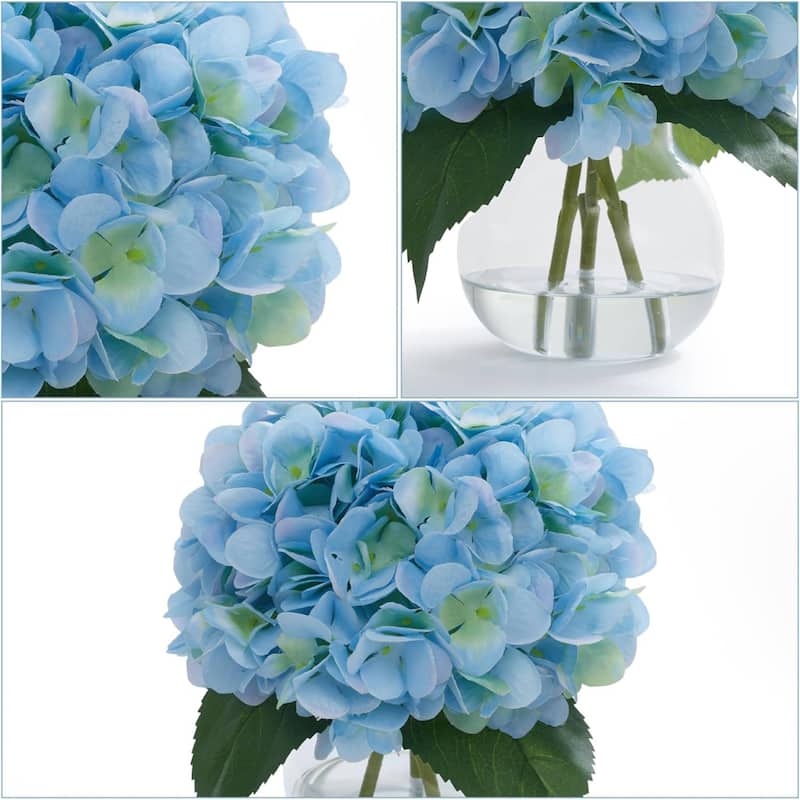 2 Pack Artificial Hydrangea Flowers in Glass Vase with Faux Water for Home Decor - 2 pcs