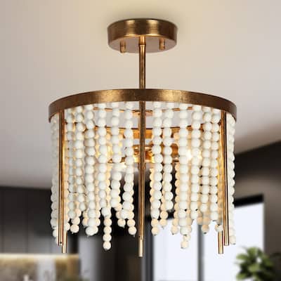Coasa Modern Glam Semi-flush Mount Ceiling Lights Goldleaf Drum Wood Beaded Hallway - D 13"* H 14.2"