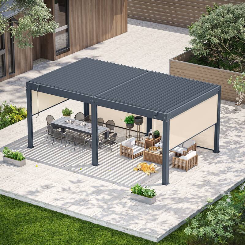 EROMMY Outdoor Louvered Pergola Gazebo with Adjustable Aluminum Rainproof Roof and Pull-Down Screen