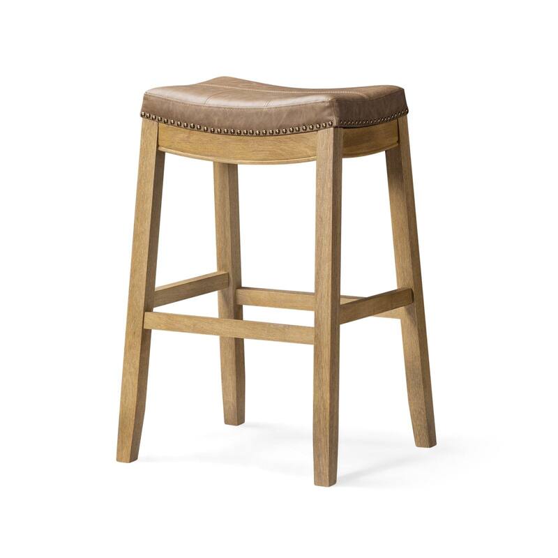 Maven Lane Sophia Saddle Kitchen Dining Stool - Aged Natural with Desert Tan Vegan Leather - Bar Height