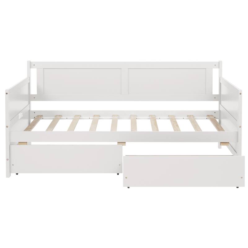 Twin Size White Pine Wood Daybed with 2 Storage Drawers, Convertible Sofa Bed for Bedroom or Living Room