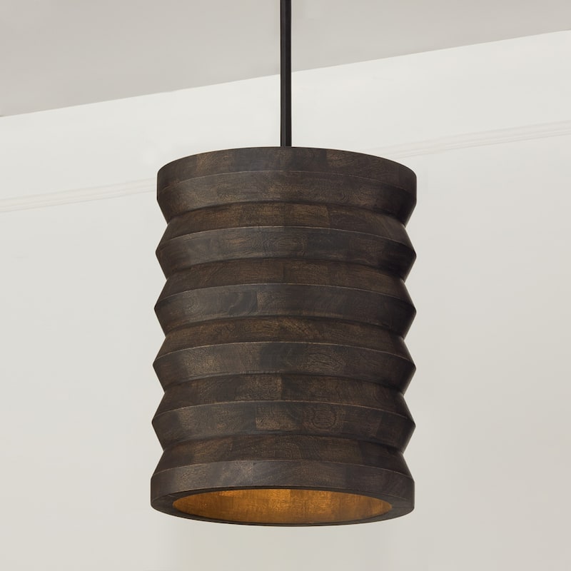 14" W x 18" H 1-Light Pendant in Matte Black and Handcrafted Mango Wood in Espresso Stain - 14"W x 17.75"H