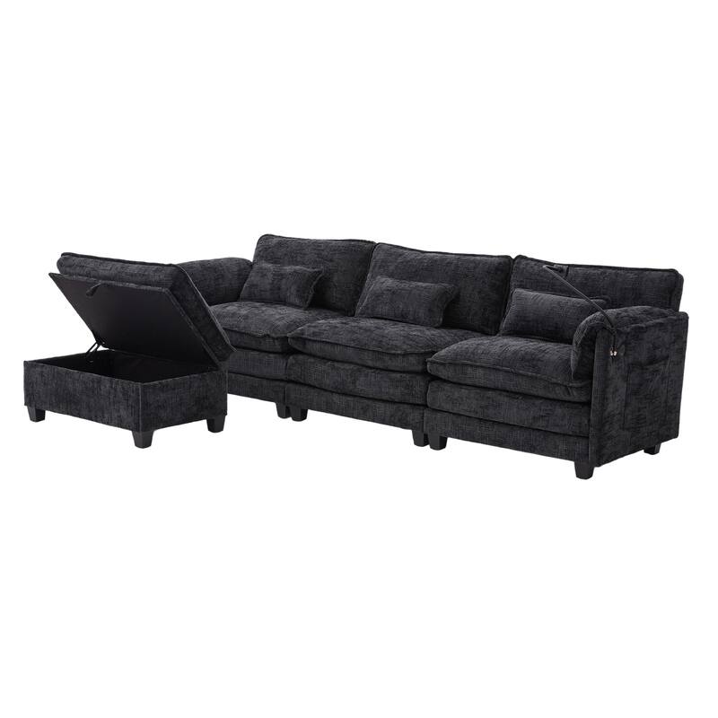 Modern Chenille Chaise Couch L-shaped Sectional Sofa with Storage Ottoman, Phone Holder, USB/Type-C Ports and Side Pockets