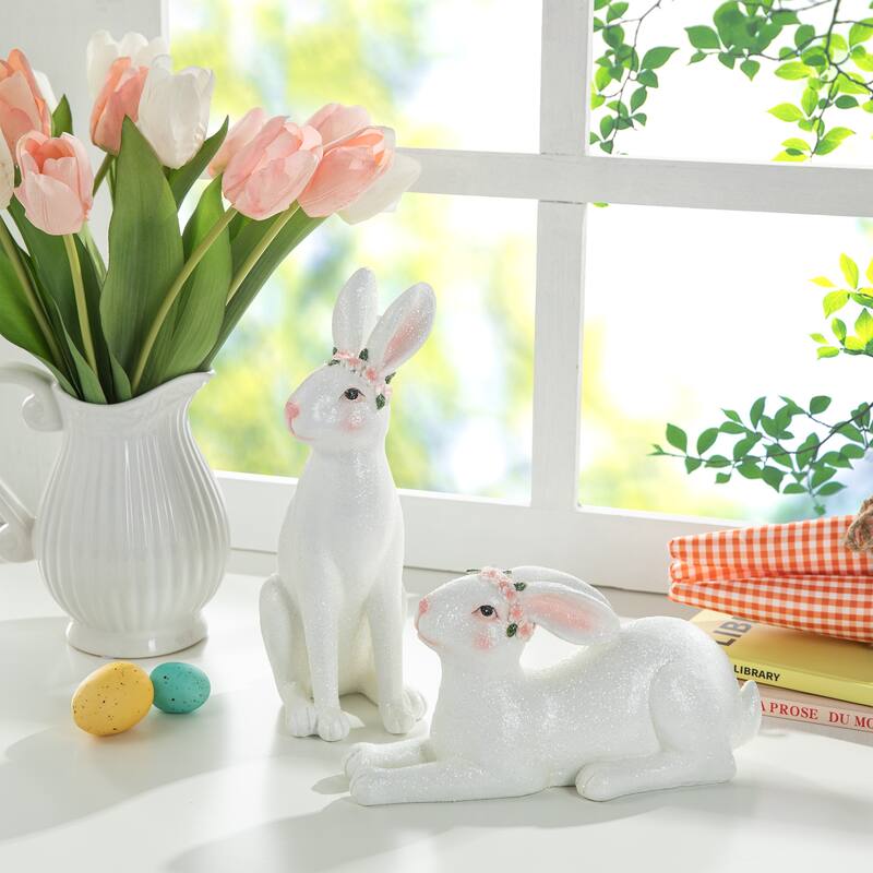 Glitzhome Set of 2 Easter Resin Bunny Table Decor Rabbits Figurines Party Ornaments - Sparkling Bunny