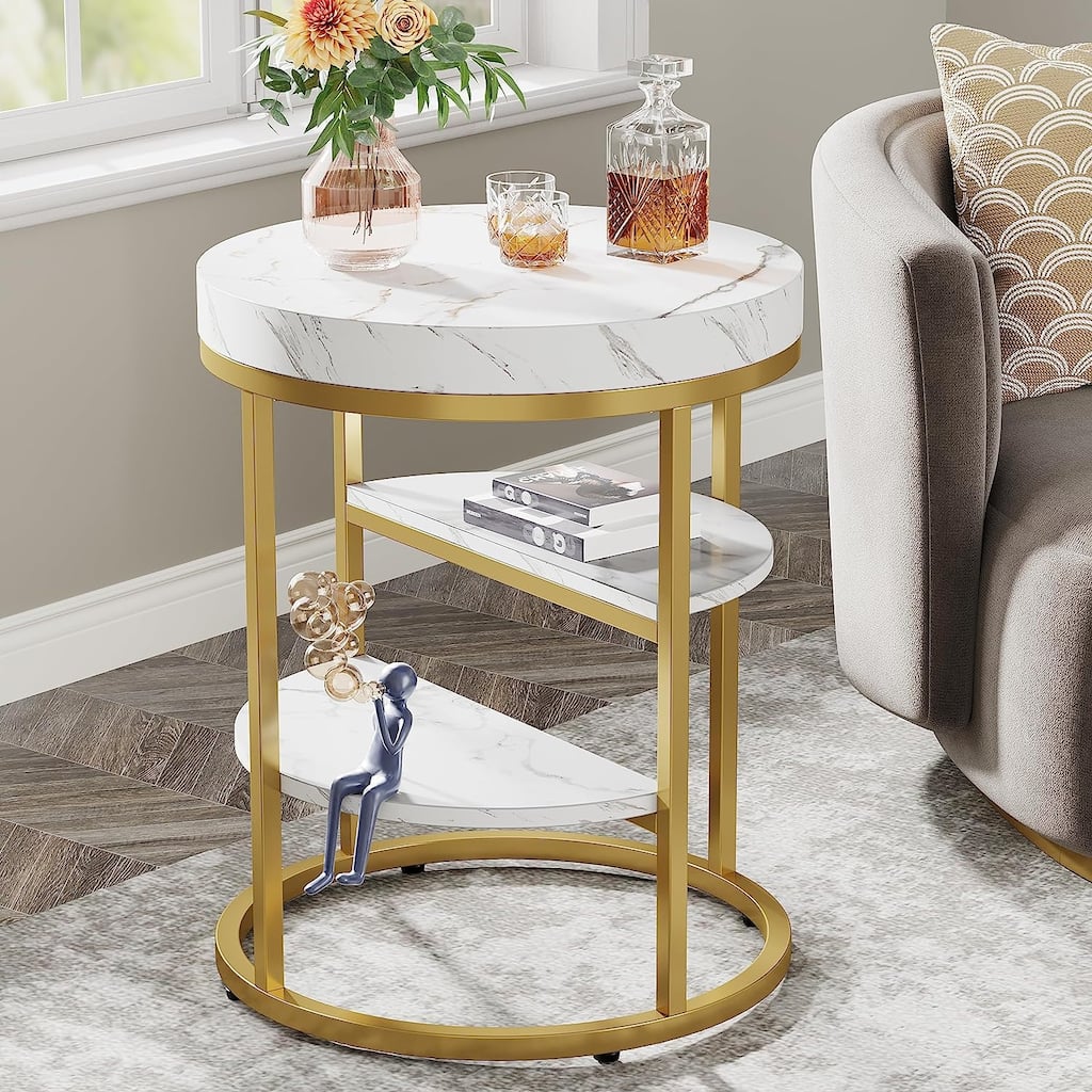 Round End Table, 3 Tiers Side Table with Storage for Living Room