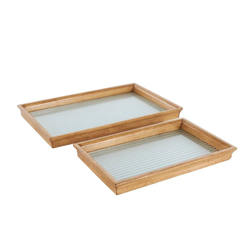 Brown Wood Nesting Living Room Decor Tray with Fluted Glass Bases (Set of 2)