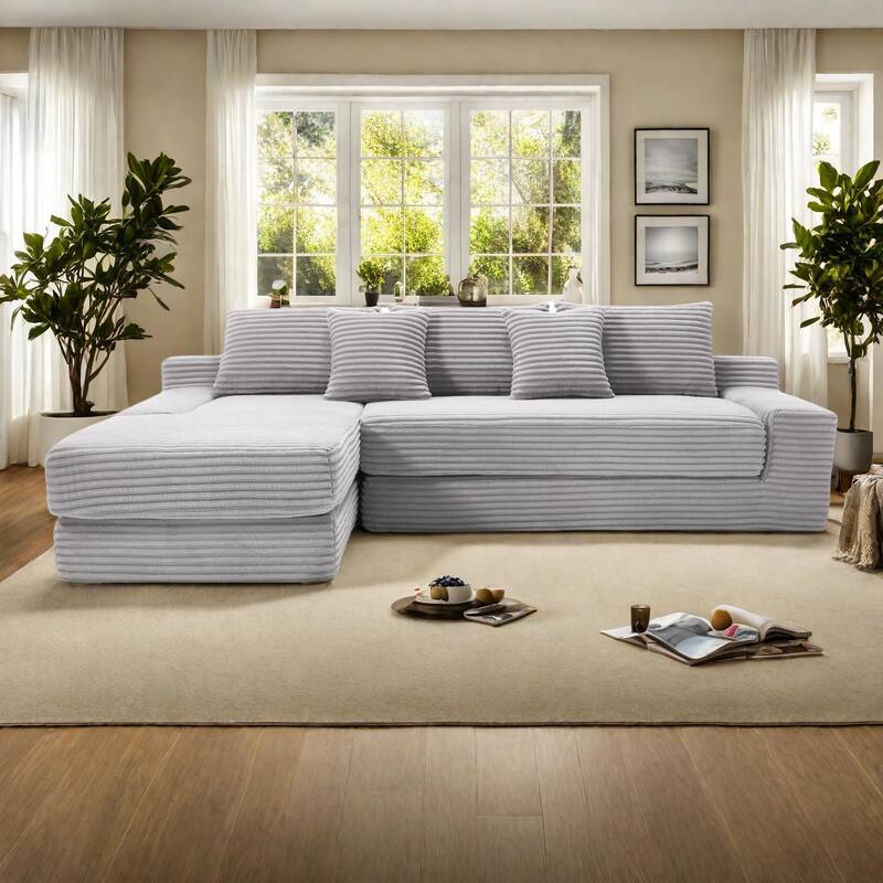 L-Shaped Light Corduroy Sectional Couch with Memory Foam, Steel Frame, and No Assembly Required, Convertible Sofa Bed - LightGray