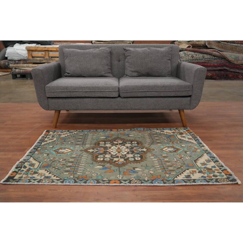Hand Knotted Oriental 100% Wool Carpet Traditional Medallion Green Tabriz Area Rug - 4' 9'' X 3' 1''