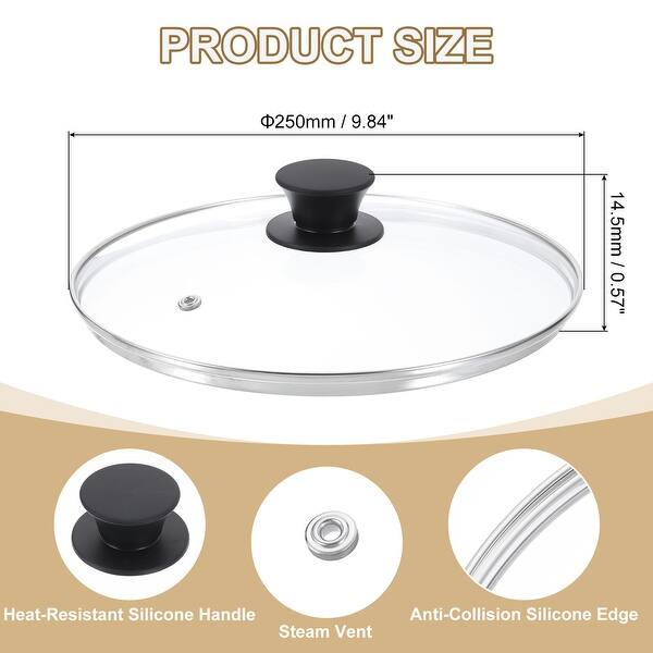 dimension image slide 6 of 8, 1 Pcs Universal Lid for Pot Cookware, Replacement Glass Pan Lids - Clear, Black