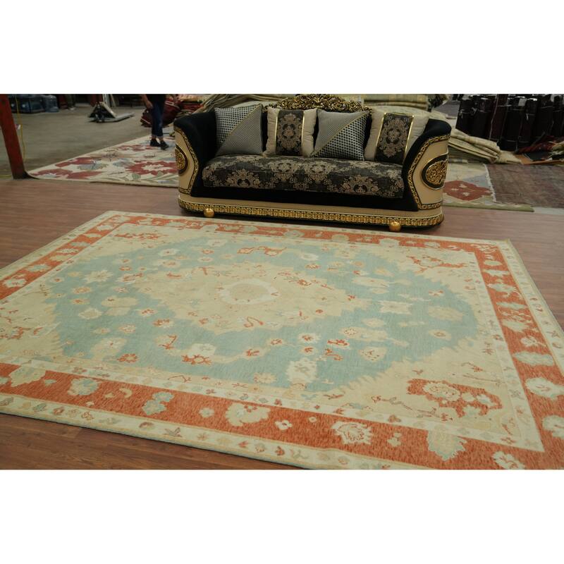 Vegetable Dye Wool Oushak Turkish Area Rug, Floral Geometric Carpet - 11' 11'' X 9' 0''