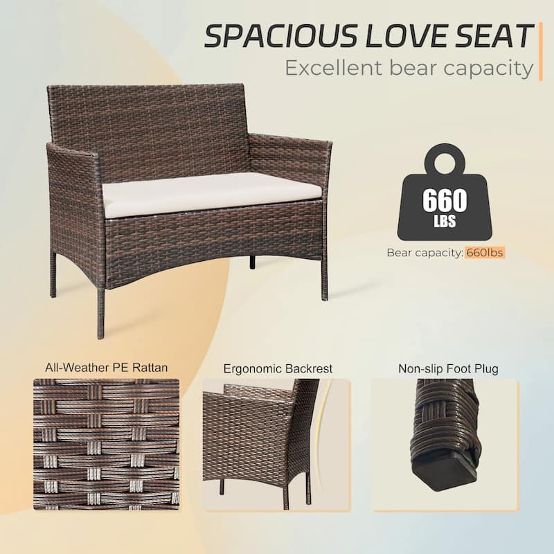 4 Piece Outdoor Patio Furniture Set With Cushions, Patio Wicker Conversation Set & Glass Coffee Table