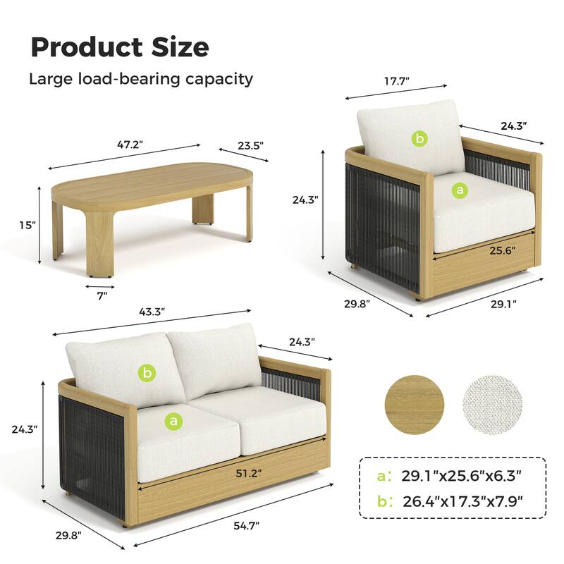 Overture 4-Piece Natural Wood Grain Aluminum Hand-Woven Rope Patio Conversation Set with Beige Cushions and Coffee Table