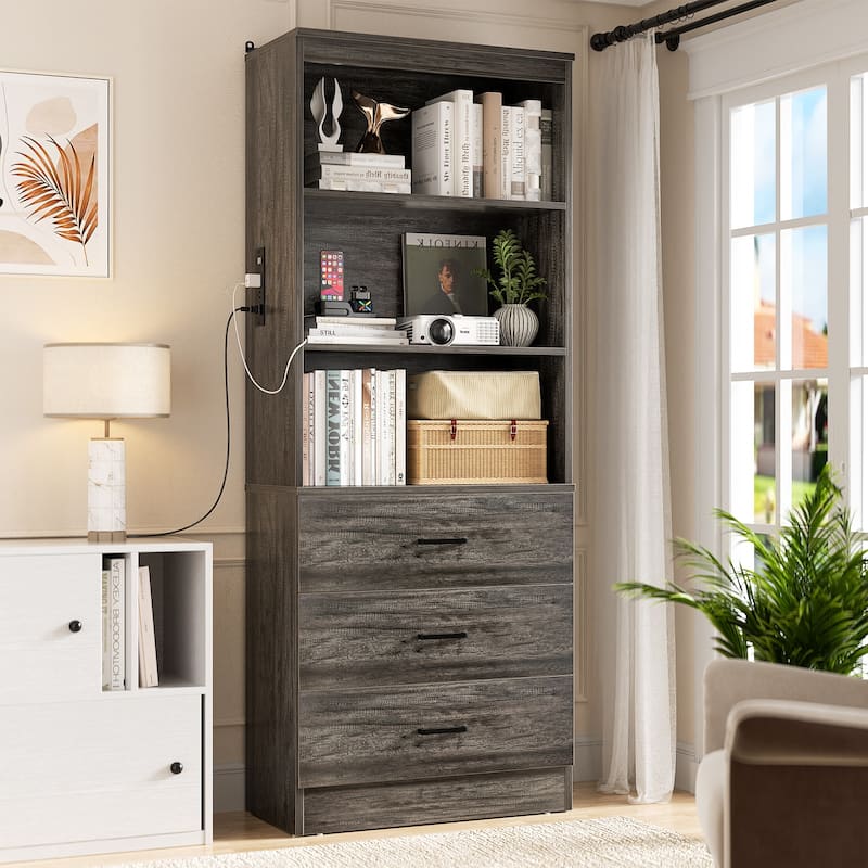 6-Tier 23.6'' Display Cabinet with Charging Station and Drawers, Bookcase Storage Shelf Kitchen Pantry - Grey