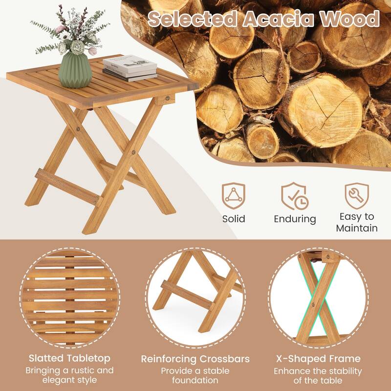 16” Portable Natural Acacia Wood Folding Side Table with Slatted Tabletop Ideal for Indoor or Outdoor