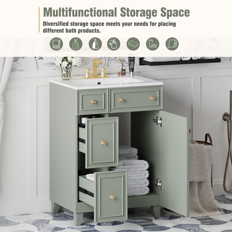 Bathroom Vanity Set: 24-Inch Cabinet With Ceramic Sink, Two Drawers And A Single Door - 24"W*18.3"D*34.3"H