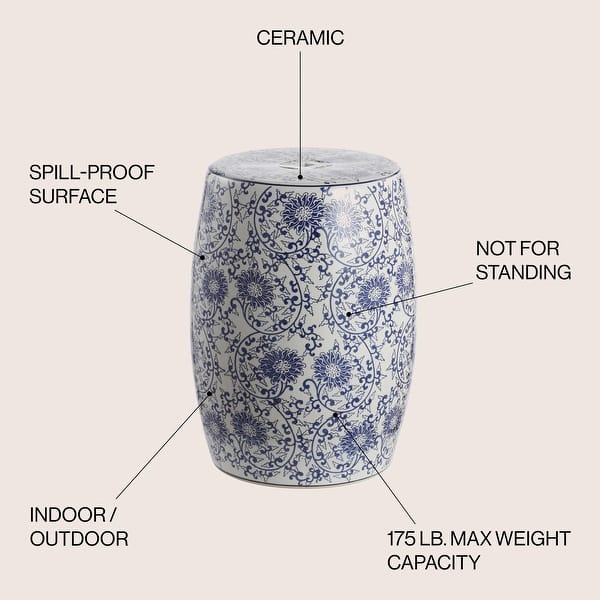 dimension image slide 1 of 2, JONATHAN Y Lotus Blossom 17.5" Chinoiserie Ceramic Drum Garden Stool, Blue/White